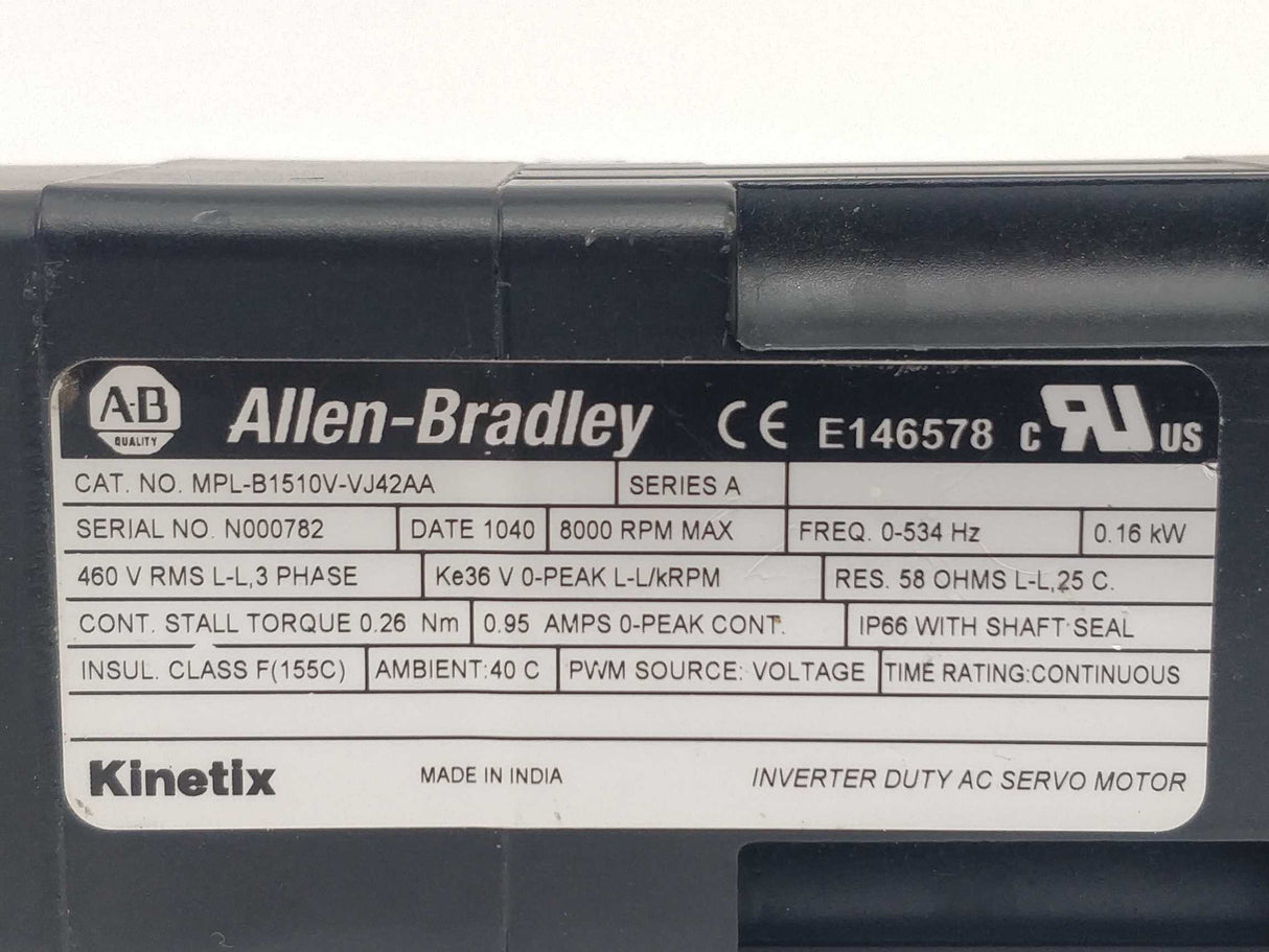 AB MPL-B1510V-VJ42AA AC Rotary Servo Motor, MP-Series MPL 460V, Ser.A