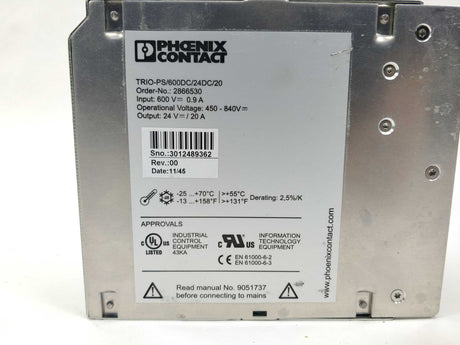 Phoenix Contact 2866530 Power supply unit - TRIO-PS/600DC/24DC/20 24VDC 20A