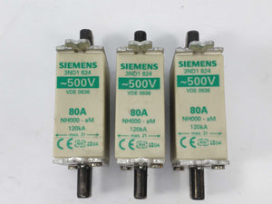 Siemens 3ND1824 Front indicator fuse, 80A 500V NH000 aM 3 Pcs.