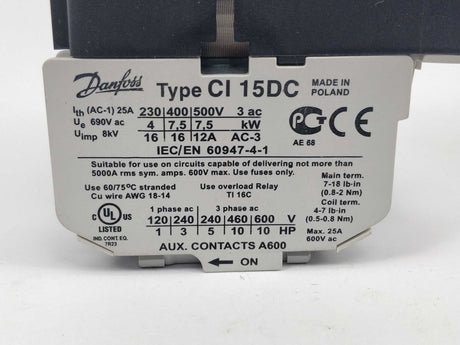 Danfoss 037H807366 CI15DC 24VDC Contactor