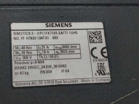 Siemens 1FK7105-2AF71-1UH0 SIMOTICS 3~ synchronous motor