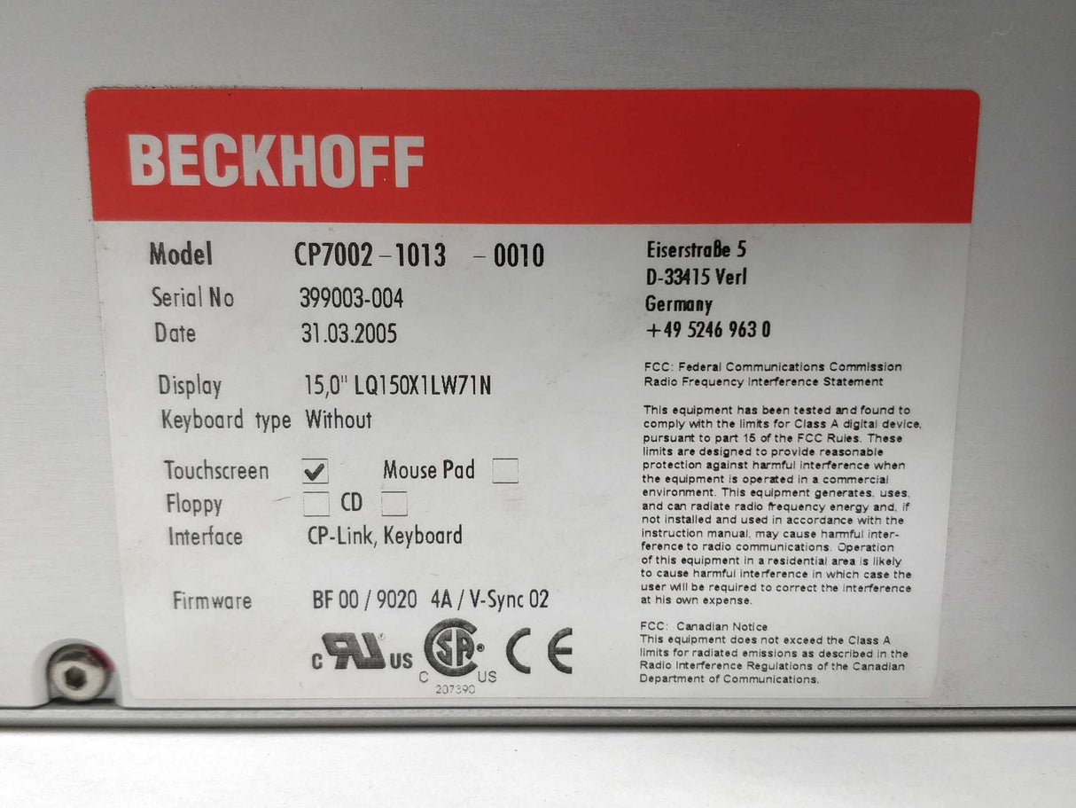 Beckhoff CP7002-1013-0010 15'' Touchscreen Control Panel