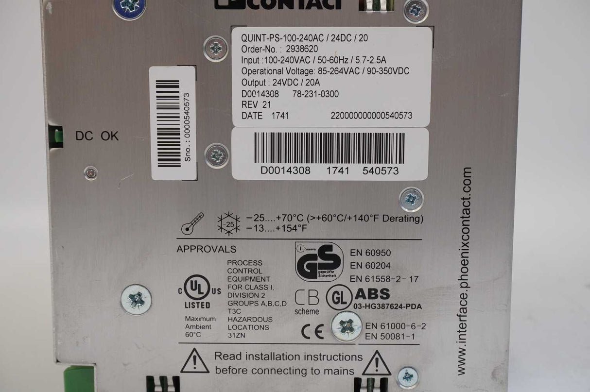 Phoenix Contact 2938620 QUINT-PS-100-240AC/24DC/20 Power supply unit