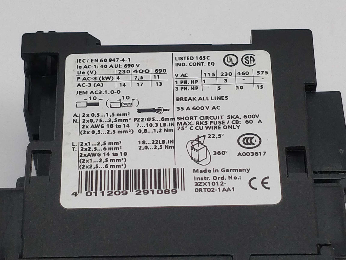 Siemens 3RT1025-1BB40 Power contactor with 3ZT1926-1BB0 24-48V AC/DC Coil