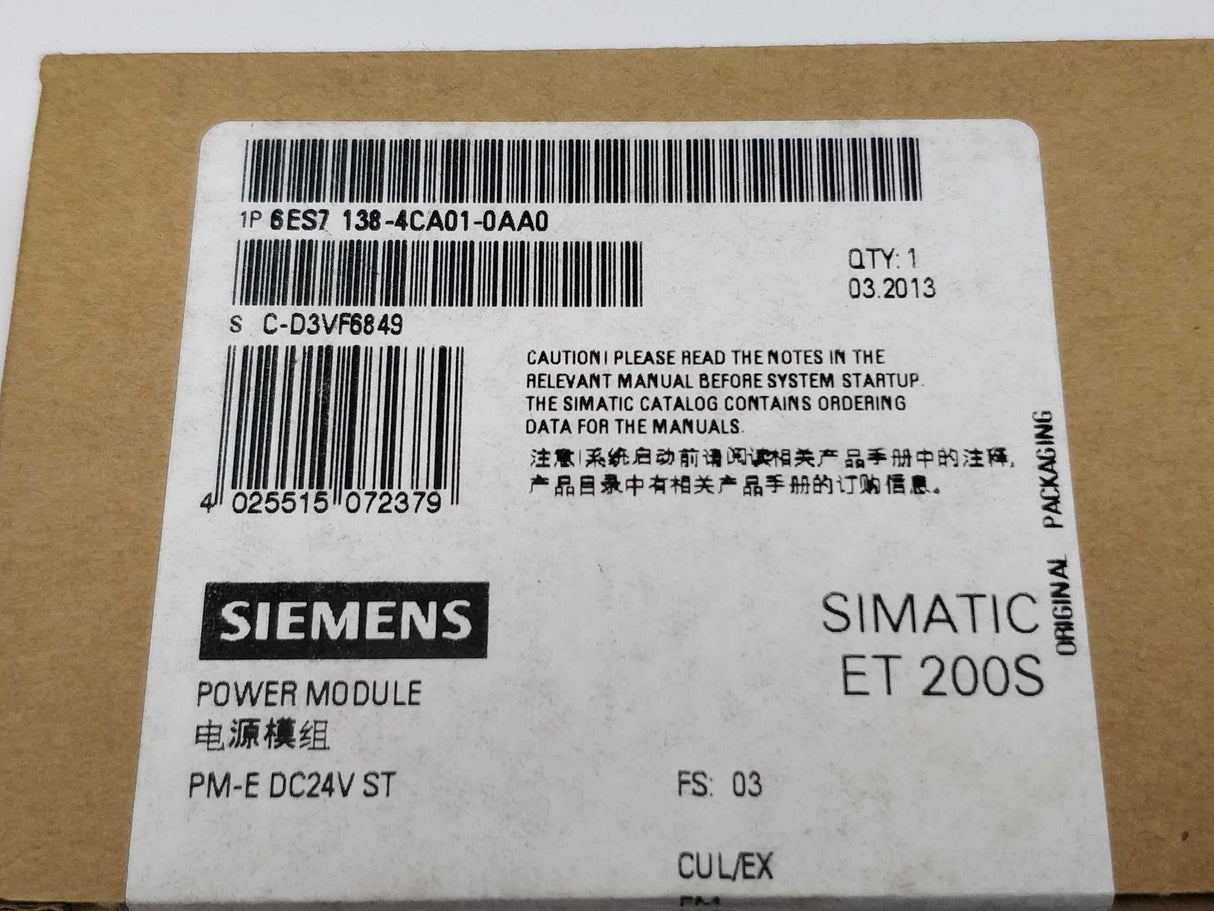 Siemens 6ES7138-4CA01-0AA0 SIMATIC DP, PM-E power modules for ET 200S
