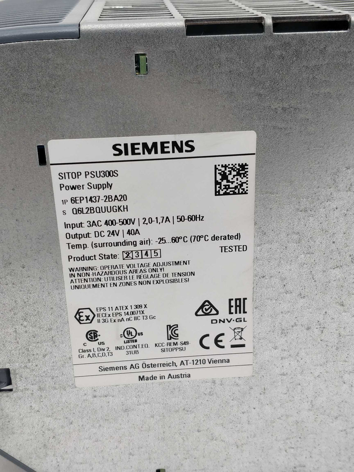 Siemens 6EP1437-2BA20 SITOP PSU 300S 24VDC 40A, Like new