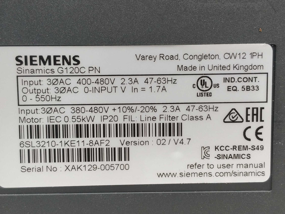 Siemens 6SL3210-1KE11-8AF2 Sinamics G120C PN 0.55kW