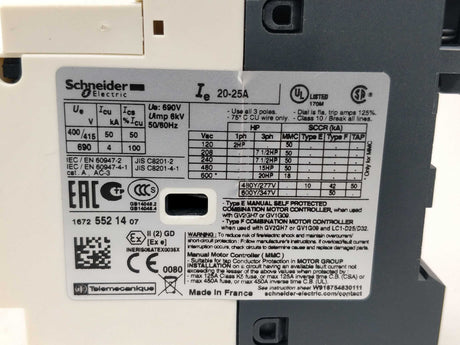 Schneider 021353 TeSys GV2P22 Motor Circuit Breaker 20-25A