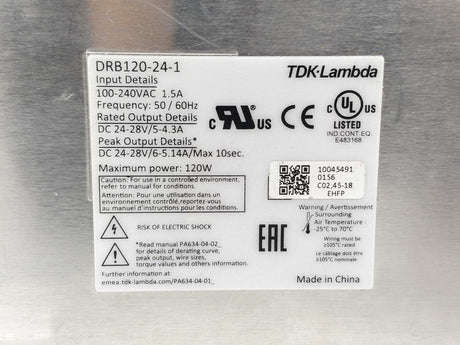 TDK-Lambda DRB120-24-1 Powers Supply 100-240VAC 1.5A 50 / 60Hz 120W