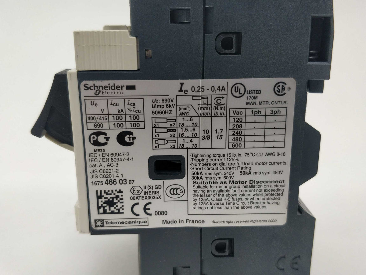 Schneider Electric GV2ME03 Motor circuit breaker.  0.25-0.40A