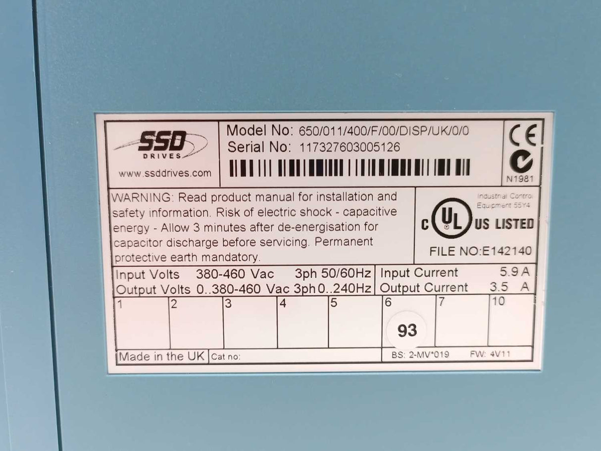 SSD DRIVES 650/011/400/F/00/DISP/UK/0/0 W/ 6511/TTL/00 DRIVE INVERTER