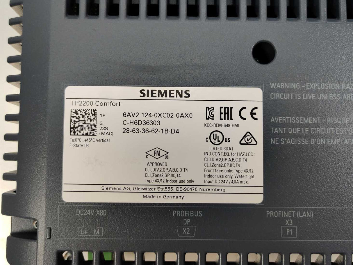 Siemens 6AV2124-0XC02-0AX0 SIMATIC HMI TP2200 Comfort