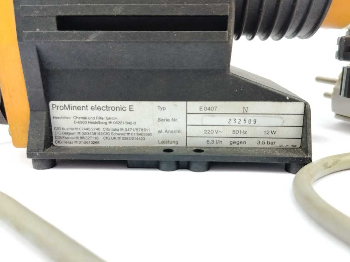 ProMinent E0407 Pump E0407 N 220VAC, 50Hz, 12W, 6.3 l/h, 3.5 bar.