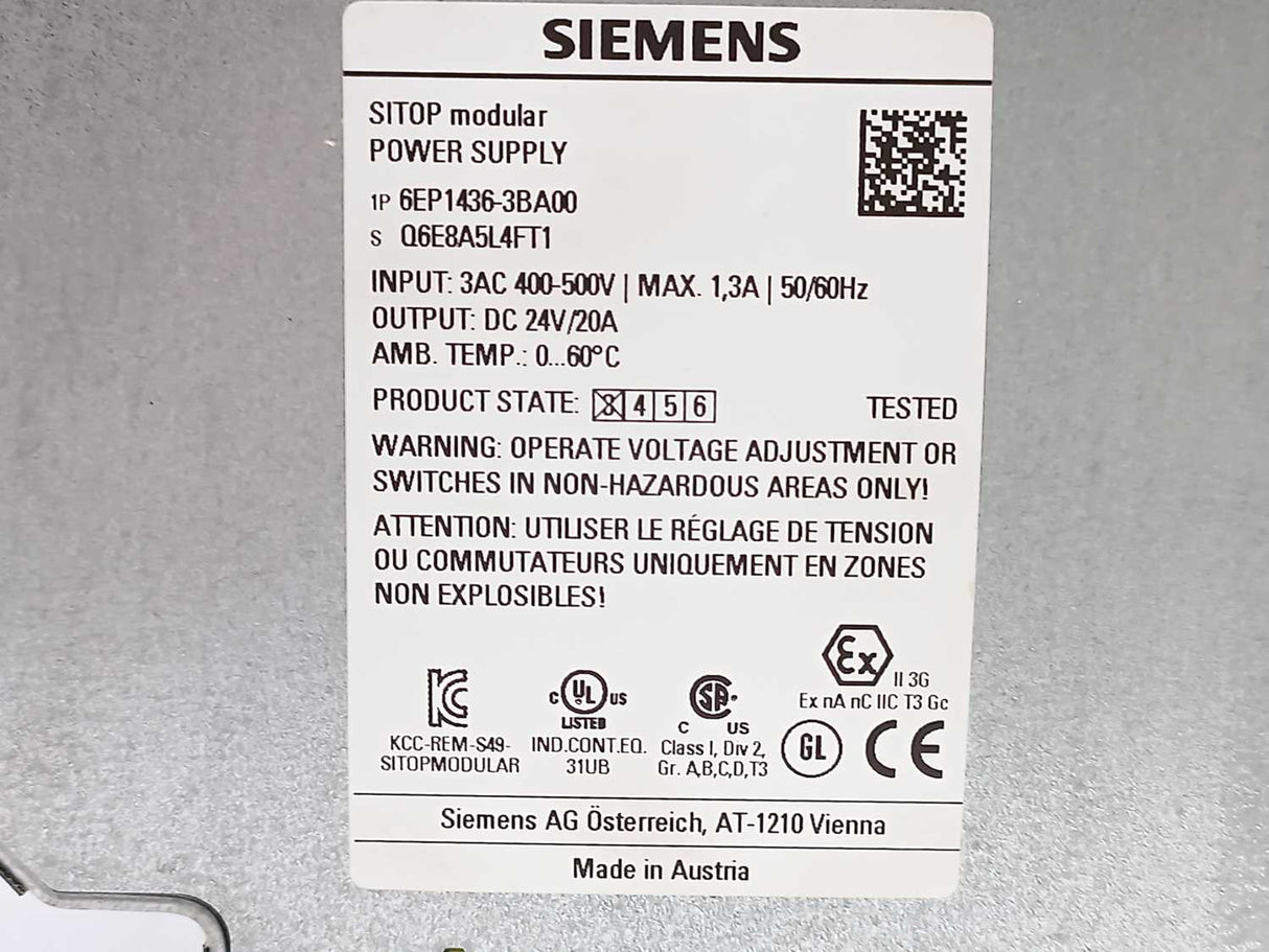 Siemens 6EP1436-3BA00 SITOP Modular 20 A Stabilized Power Supply