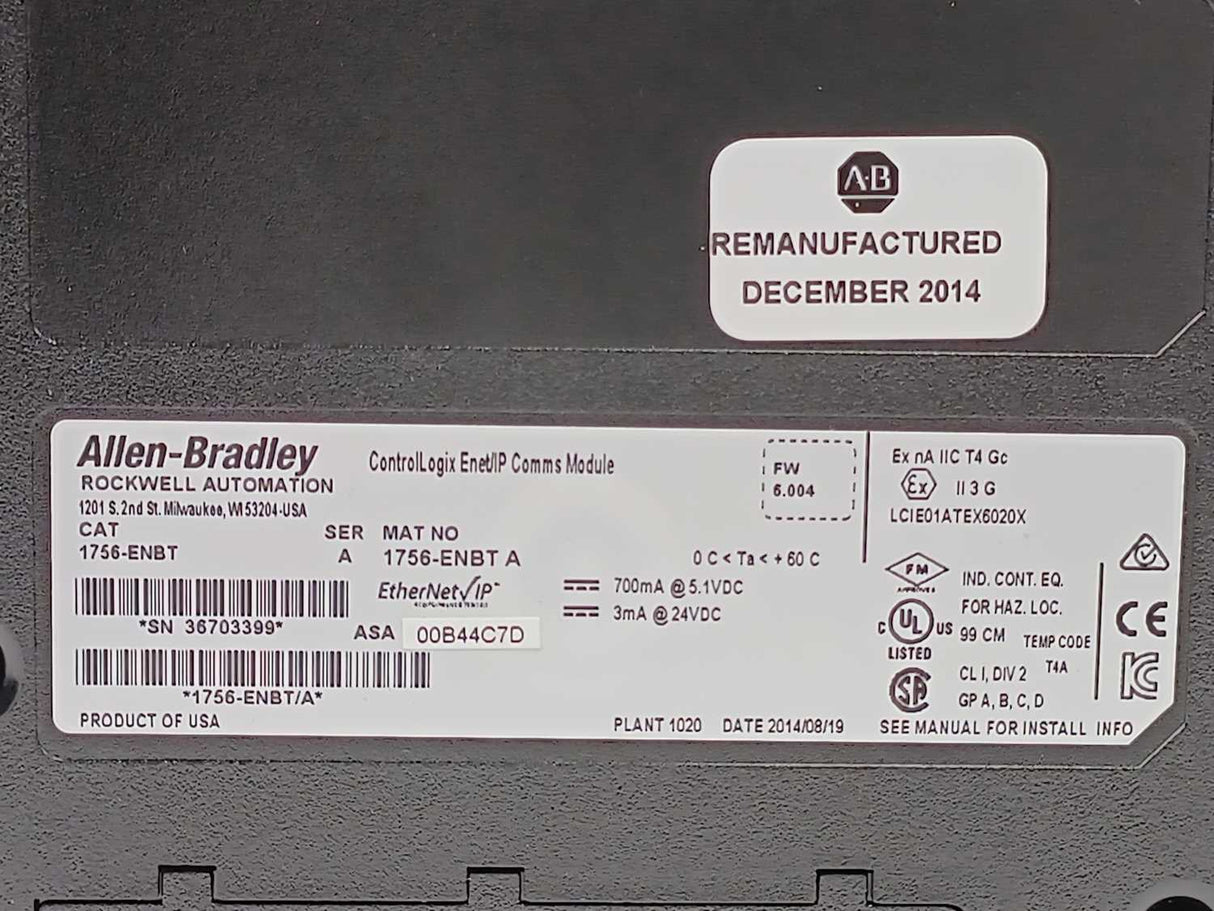 AB 1756-ENBT ser. A  ControlLogix Enet/IP Comms Module REMANUFACTURED