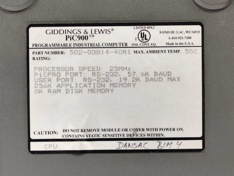 GIDDINGS & LEWIS 502-03814 -40R1 PiC900 CPU