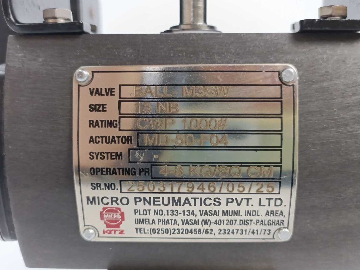 Micro Pneumatics MD-50-F04  Ball Valve 3 Piece BALL-M3SW w. 5 DNH