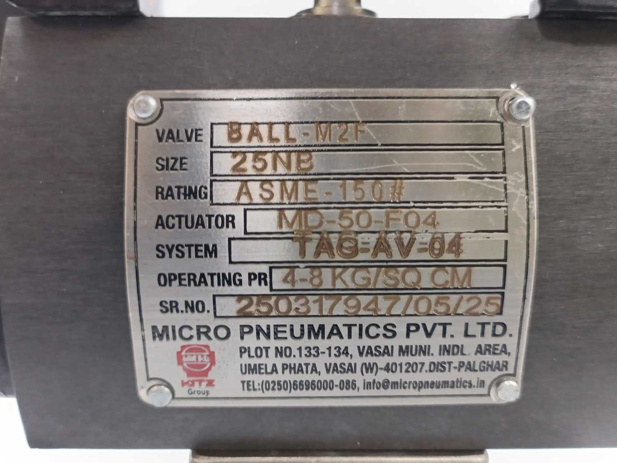 Micro Pneumatics BALL-M2F Ball Valve 3 Piece with Actuator MD-50-F04