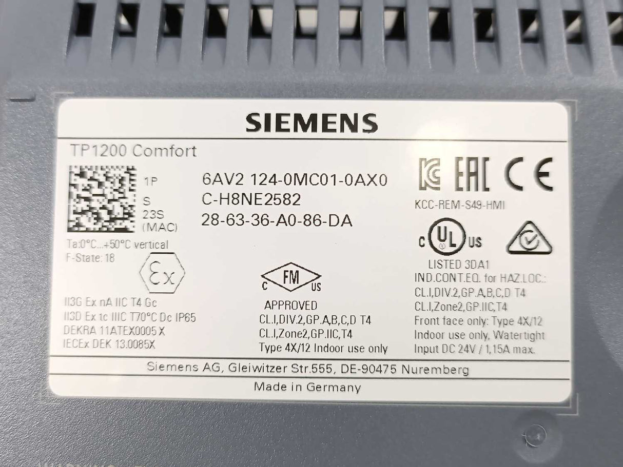 Siemens 6AV2124-0MC01-0AX0 TP1200 Comfort