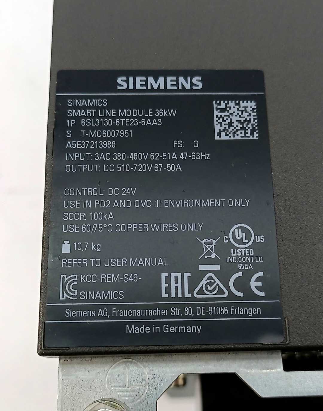 Siemens 6SL3130-6TE23-6AA3 SINAMICS Smart Line Module 36kW