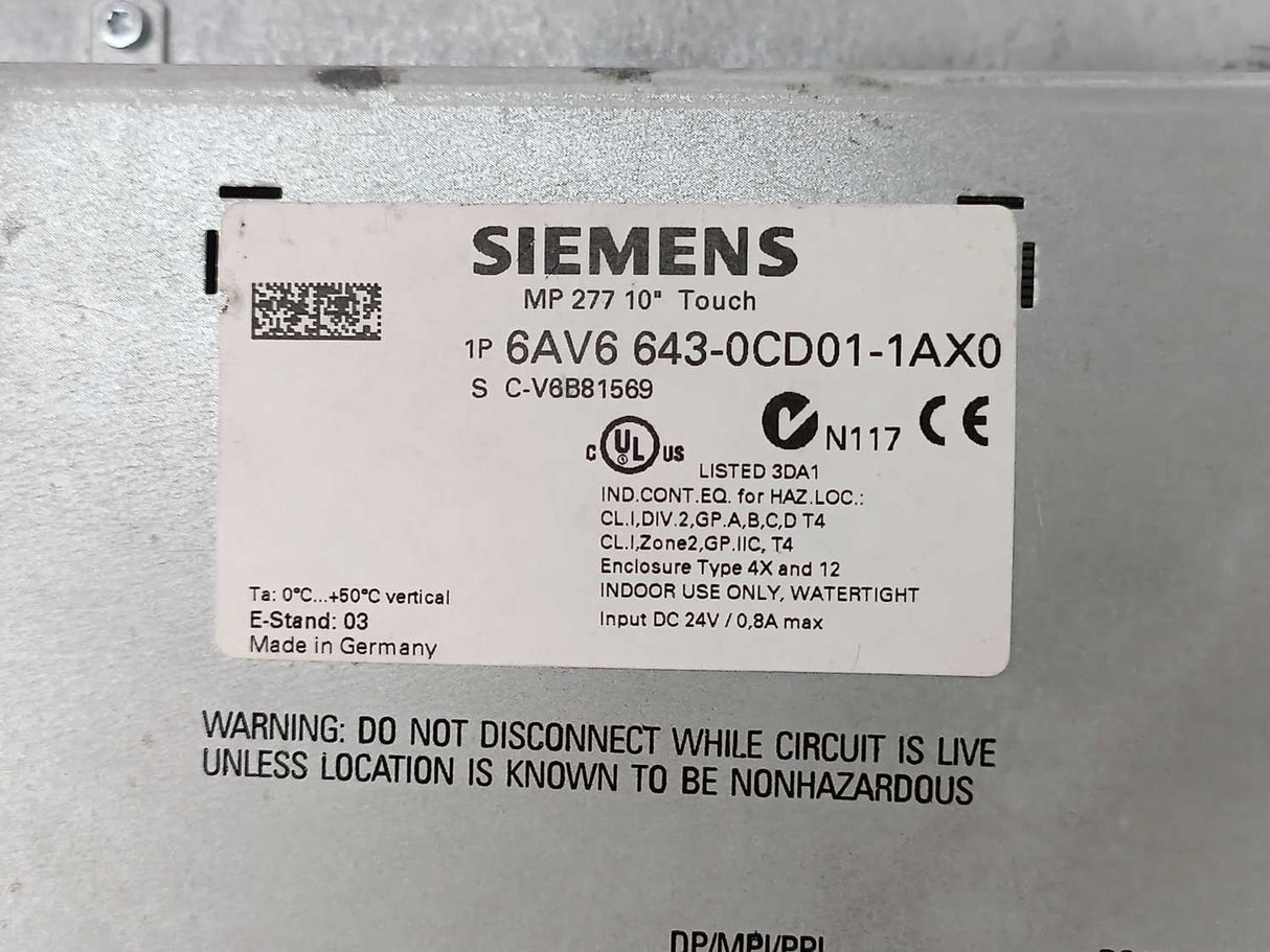 Siemens 6AV6 643-0CD01-1AX0 SIMATIC MULTI PANEL 277 10" Touch