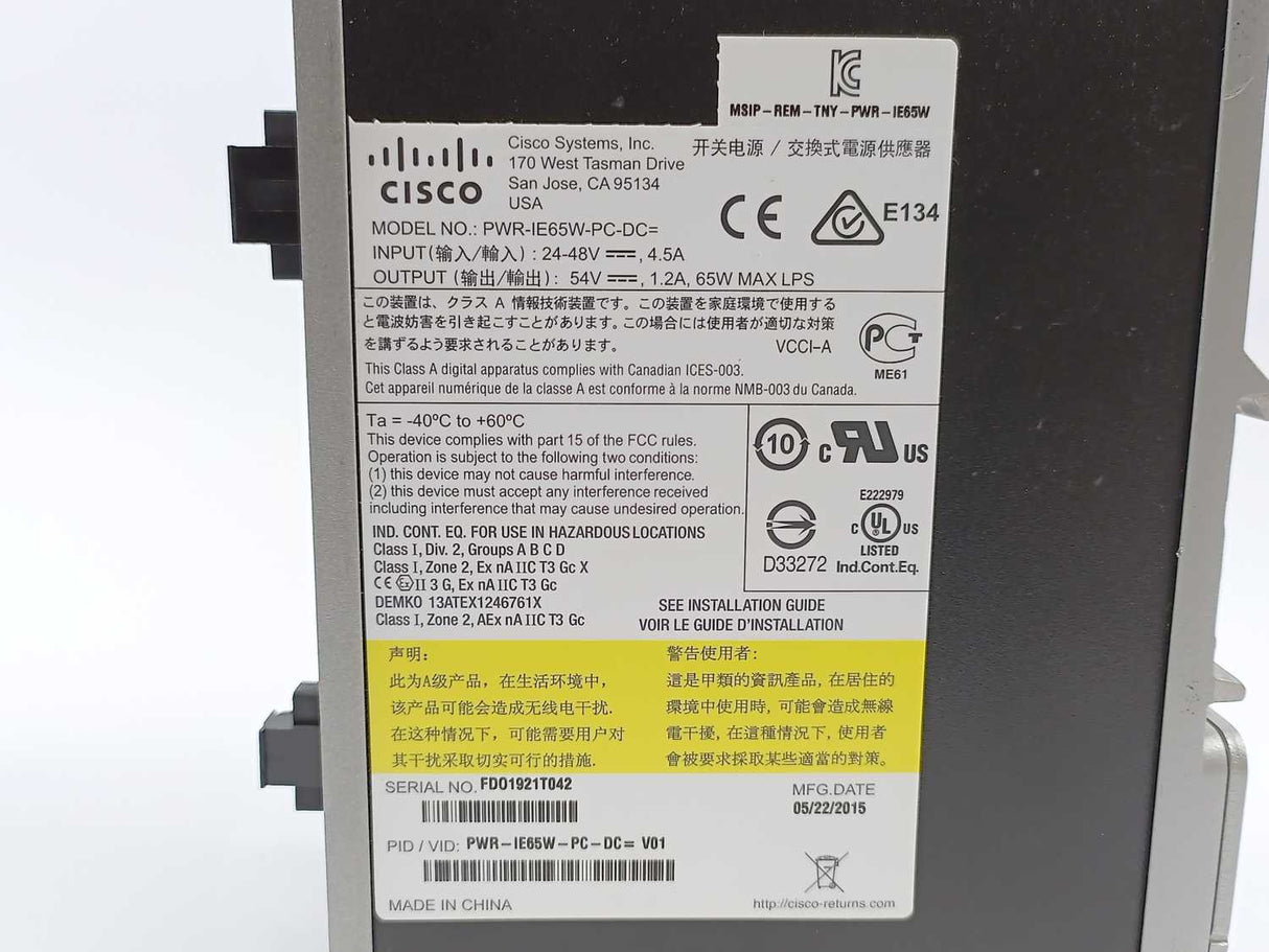 Cisco Systems PWR-IE65W-PC-DC=V01 Industrial Power Supply Unit, 24-48V, 4.5A