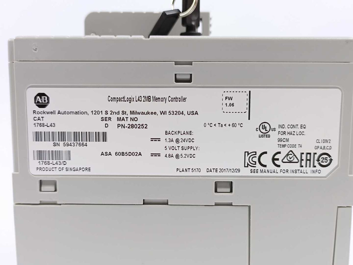 AB 1768-L43 CompactLogix L43 2MB Memory Controller, Ser. D FW. 1.06