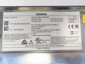 Siemens 6AV7260-0BG20-0AX0 IPC677D 15" Panel PC w/ Celeron G1820TE Processor