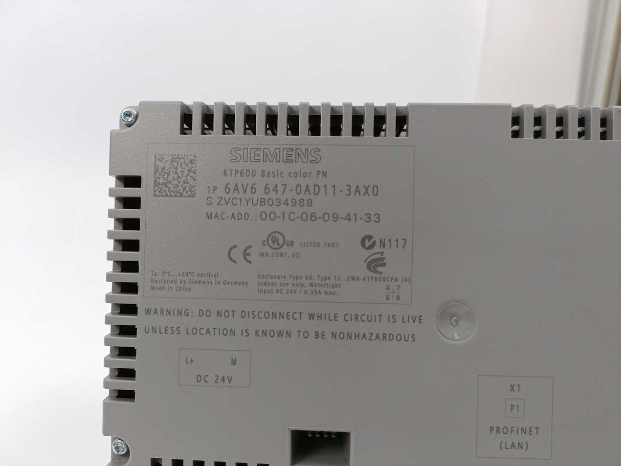 Siemens 6AV6647-0AD11-3AX0 SIMATIC HMI KTP600 Basic Color PN