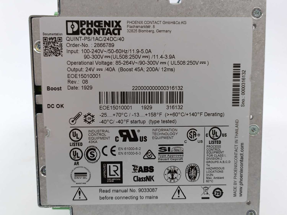Pheonix Contact 2866789 Power Supply 100-240V~/50-60Hz