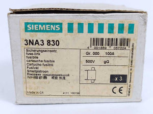 Siemens 3NA3 830 Fuse 100A 500V gL/gG NH000 120kA 3 Pcs.