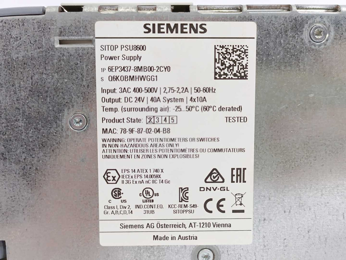 Siemens 6EP3437-8MB00-2CY0 SITOP PSU8600 POWER SUPPLY