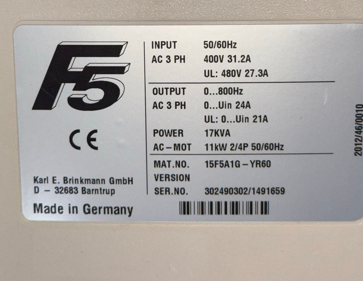 Keb 15F5A1G-YR60 F5, In: 50/60Hz, 400V, 27,3A. Out: 800Hz 24A