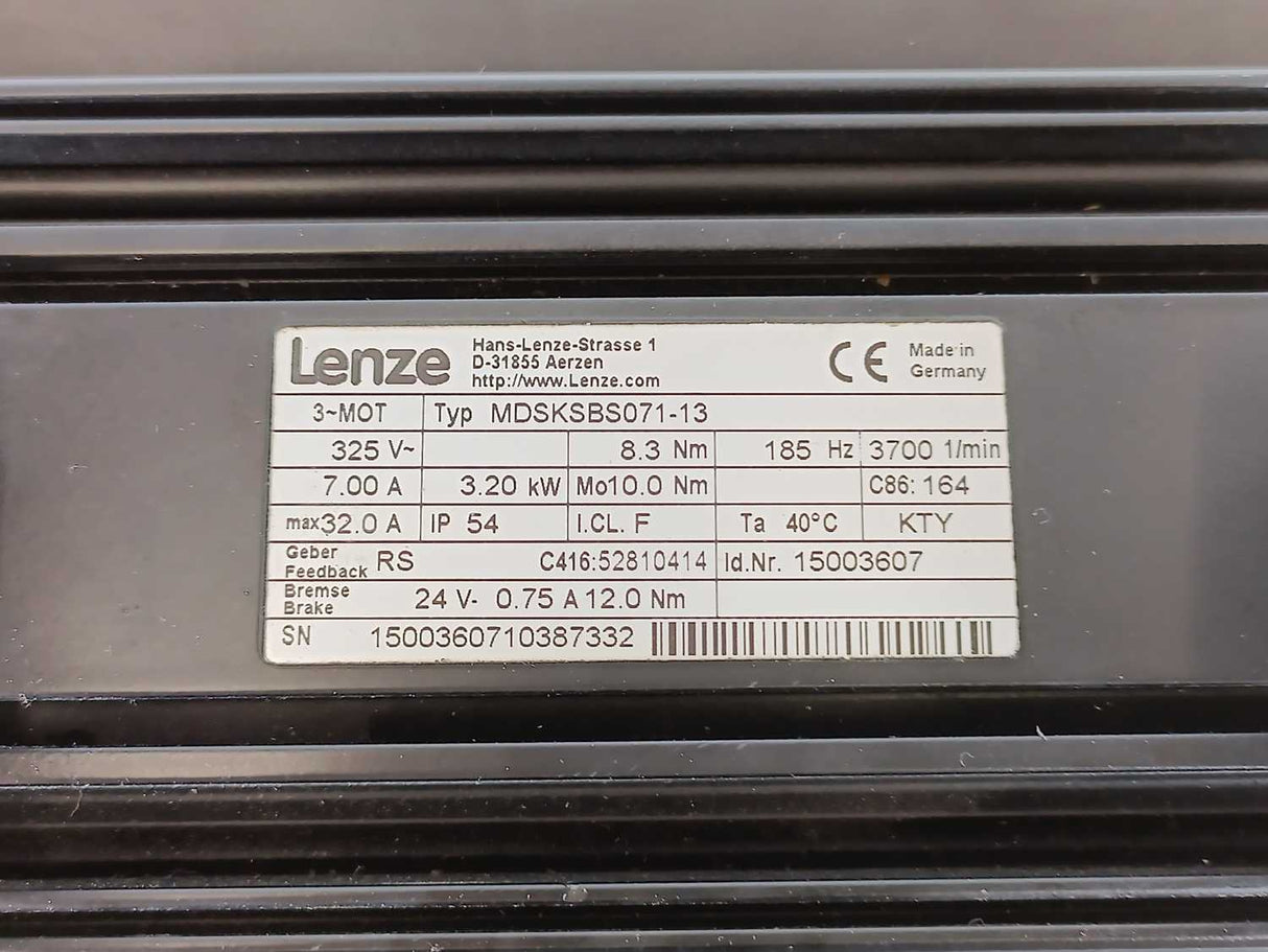 LENZE MDSKSBS071-13 15003607 Servo Motor, 325V, 8.3Nm, 185Hz, 3700 1/min