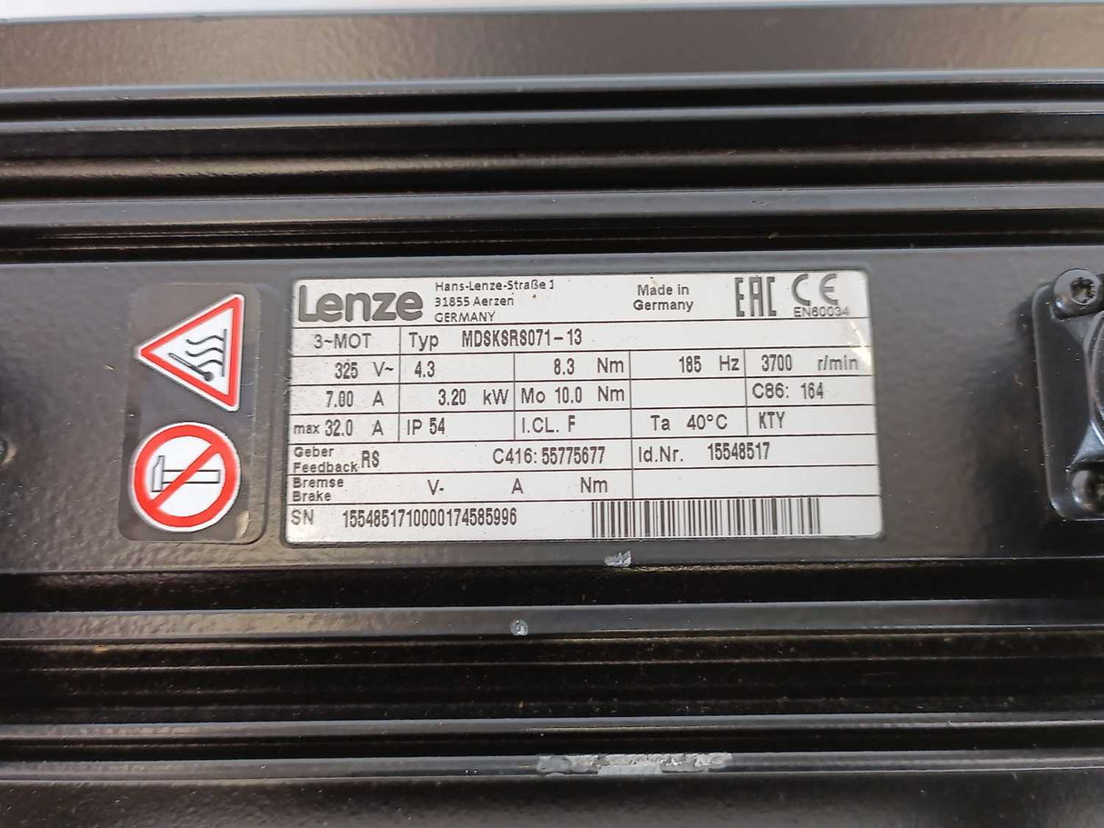 LENZE MDSKSRS071-13 Servo Motor 325V, 8.3Nm, 185Hz