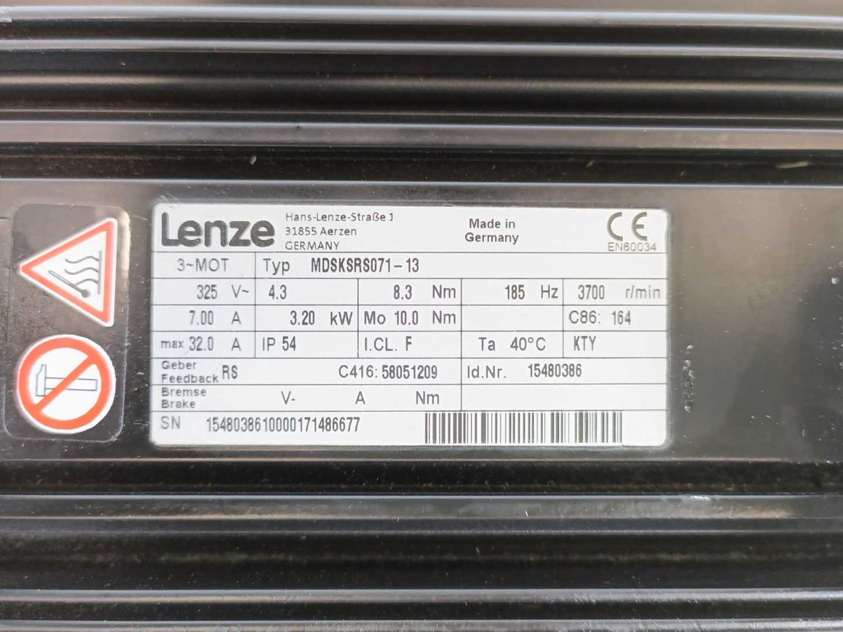 LENZE MDSKSRS071-13 15480386 Servo Motor 325V, 8.3Nm, 185Hz, 3700r/min