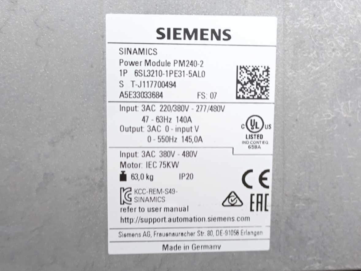 Siemens 6SL3210-1PE31-5AL0 Power Module PM240-2