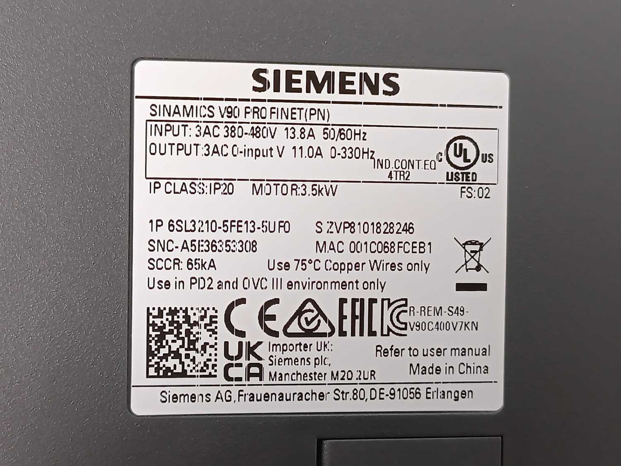 Siemens 6SL3210-5FE13-5UF0 SINAMICS V90 Servo Drive – 3.5 kW, PROFINET