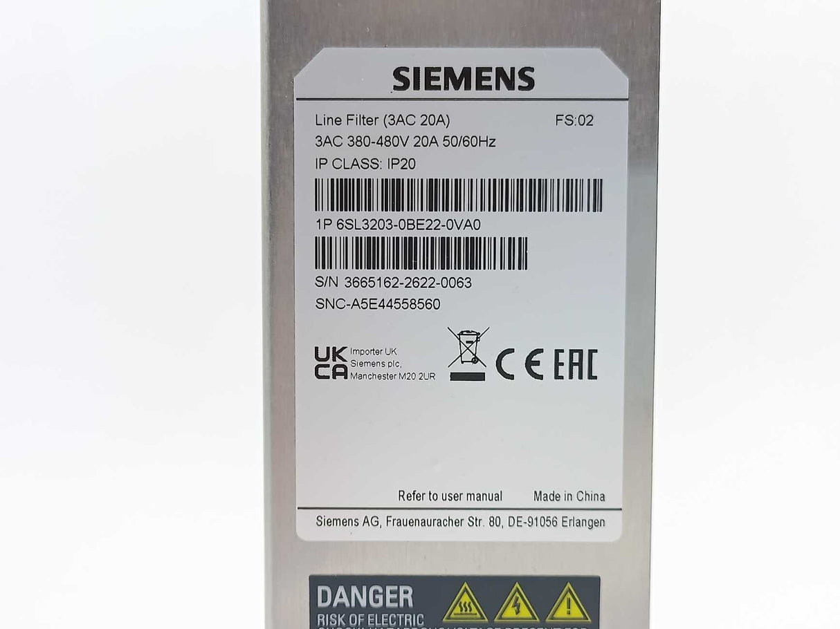 Siemens 6SL3203-0BE22-0VA0 SINAMICS V Series EMC Filter, 20A, 480 V