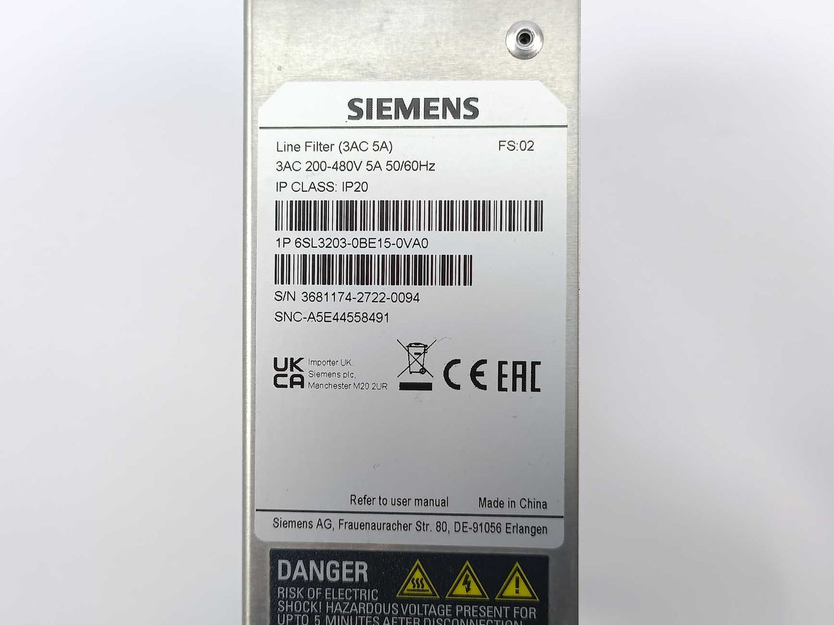 Siemens 6SL3203-0BE15-0VA0 SINAMICS V Series EMC Filter, 5A, 480 V