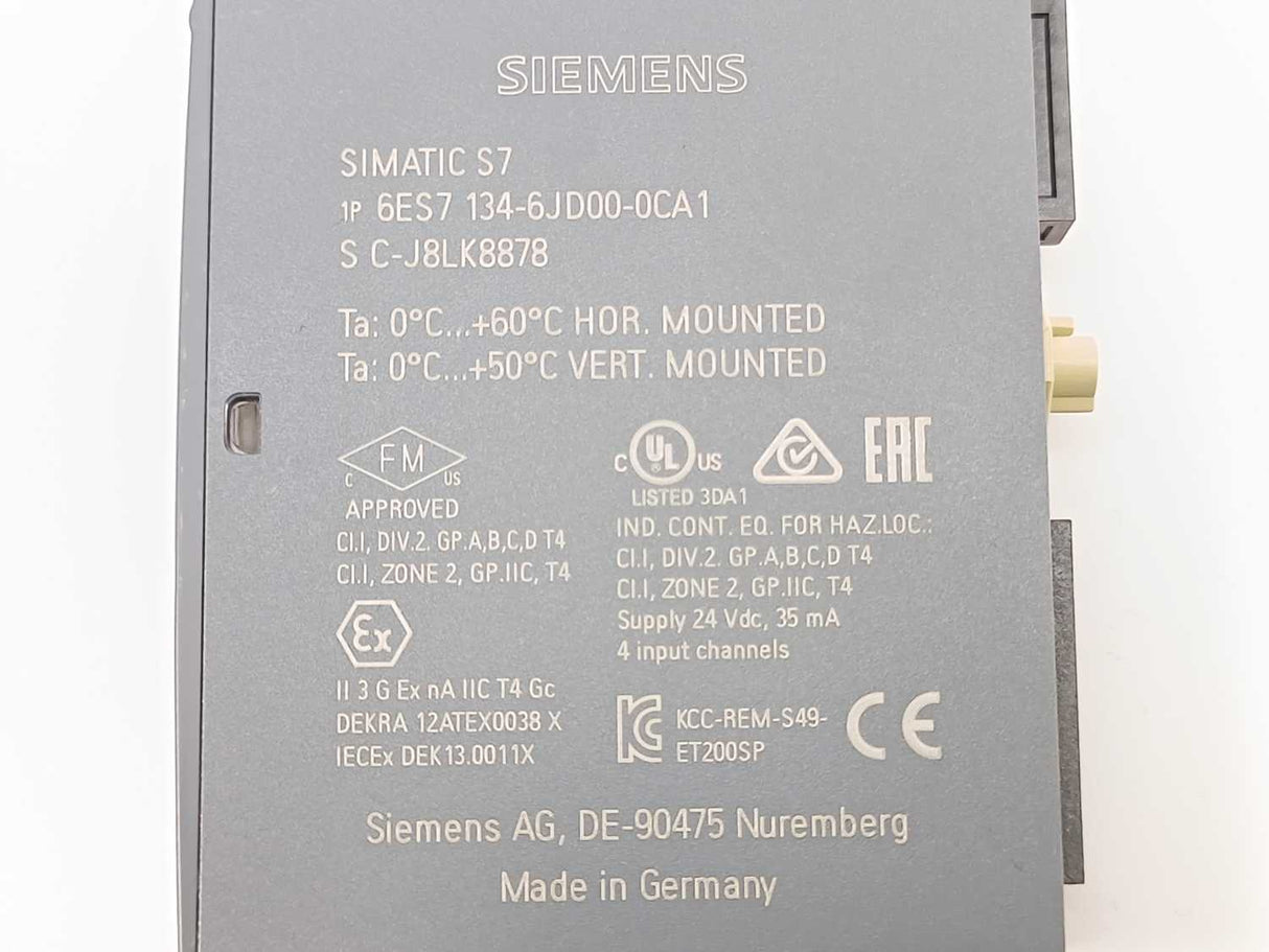 Siemens 6ES7 134-6JD00-0CA1 Analog Input Module w/ 6ES7 193-6BP20-0DA0