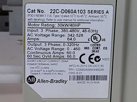 AB 22C-D060A103 Ser. A PowerFlex 400- 30 kW (40 HP) AC Drive