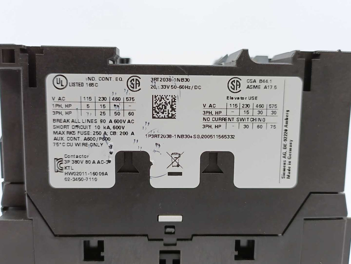 Siemens 3RT2038-1NB30 +SG/20051 1565332 Power Contactor
