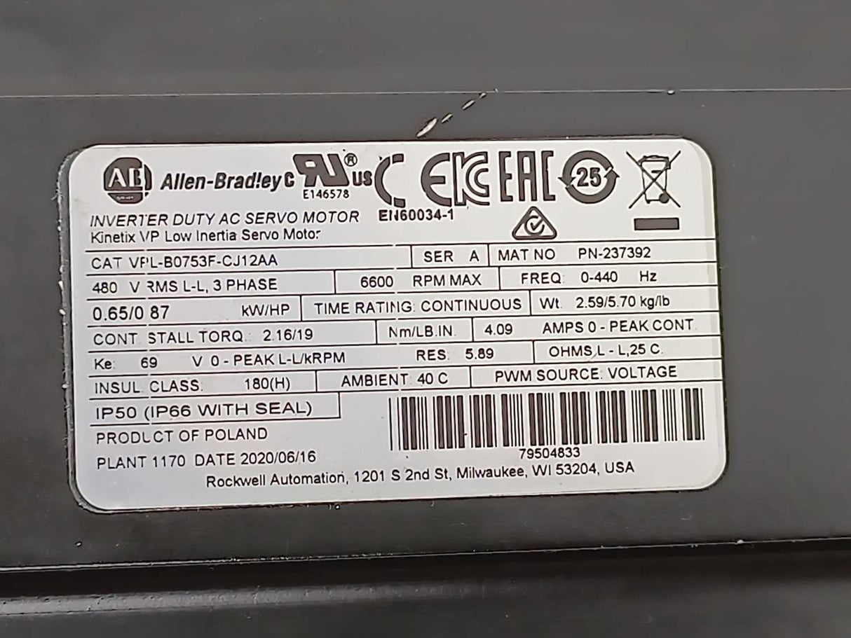 AB VPL-B0753F-CJ12AA Ser. A KINETIX VP Low Inertia Servo Motor