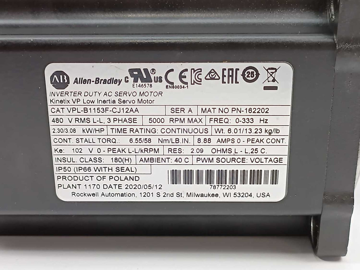 AB VPL-B1153F-CJ12AA Ser. A KINETIX VP Low Inertia Servo Motorkinetix