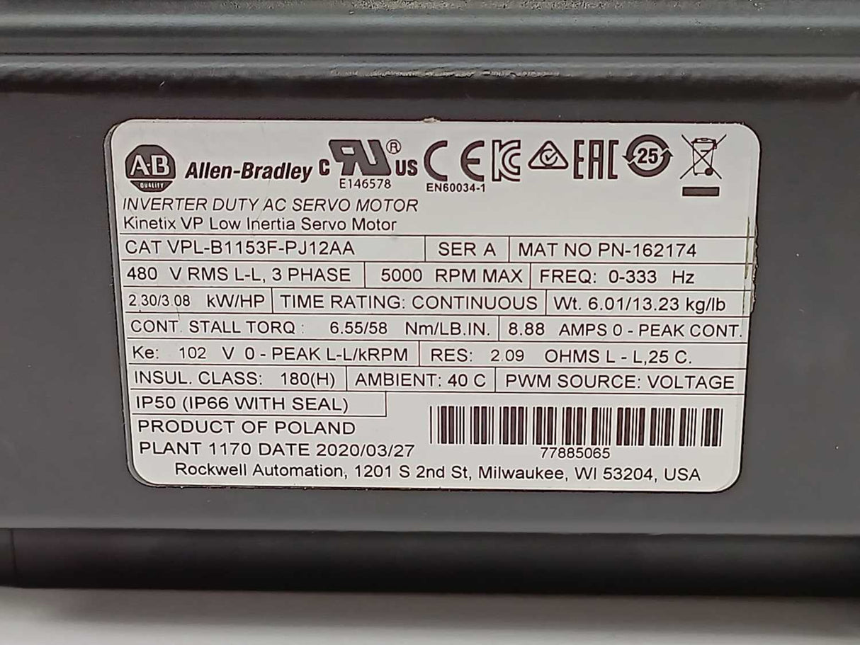 AB VPL-B1153F-PJ12AA Ser. A KINETIX VP Low Inertia Inverter Duty AC Servo Motor
