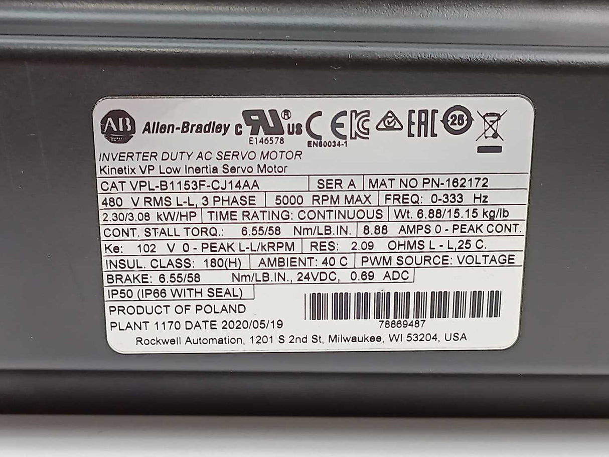 AB VPL-B1153F-CJ14AA Ser. A KINETIX VP Low Inertia Inverter Duty AC Servo Motor
