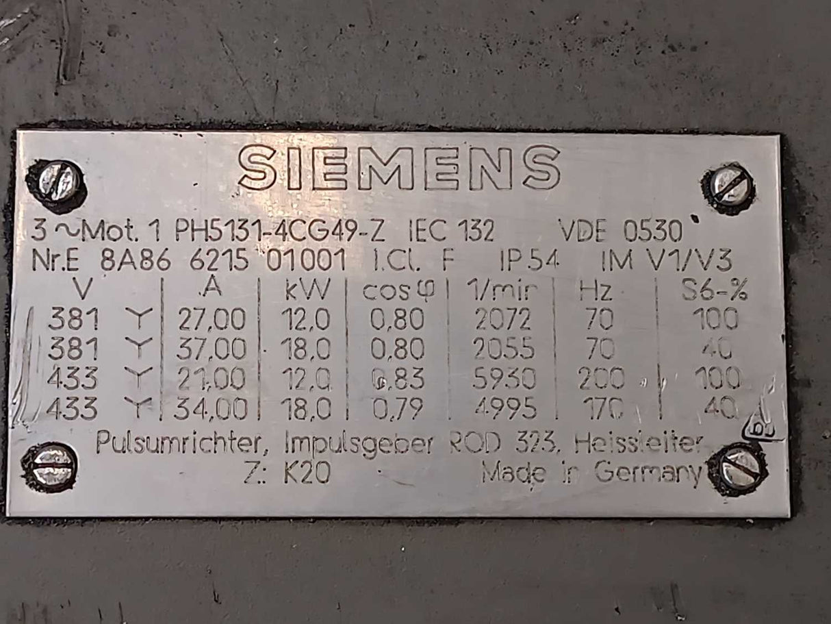 Siemens 1PH5131-4CG49-Z AC Servo Spindle Motor 12/18kW w/ 2CW8166-8 Cooling Fan