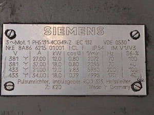 Siemens 1PH5131-4CG49-Z AC Servo Spindle Motor 12/18kW w/ 2CW8166-8 Cooling Fan