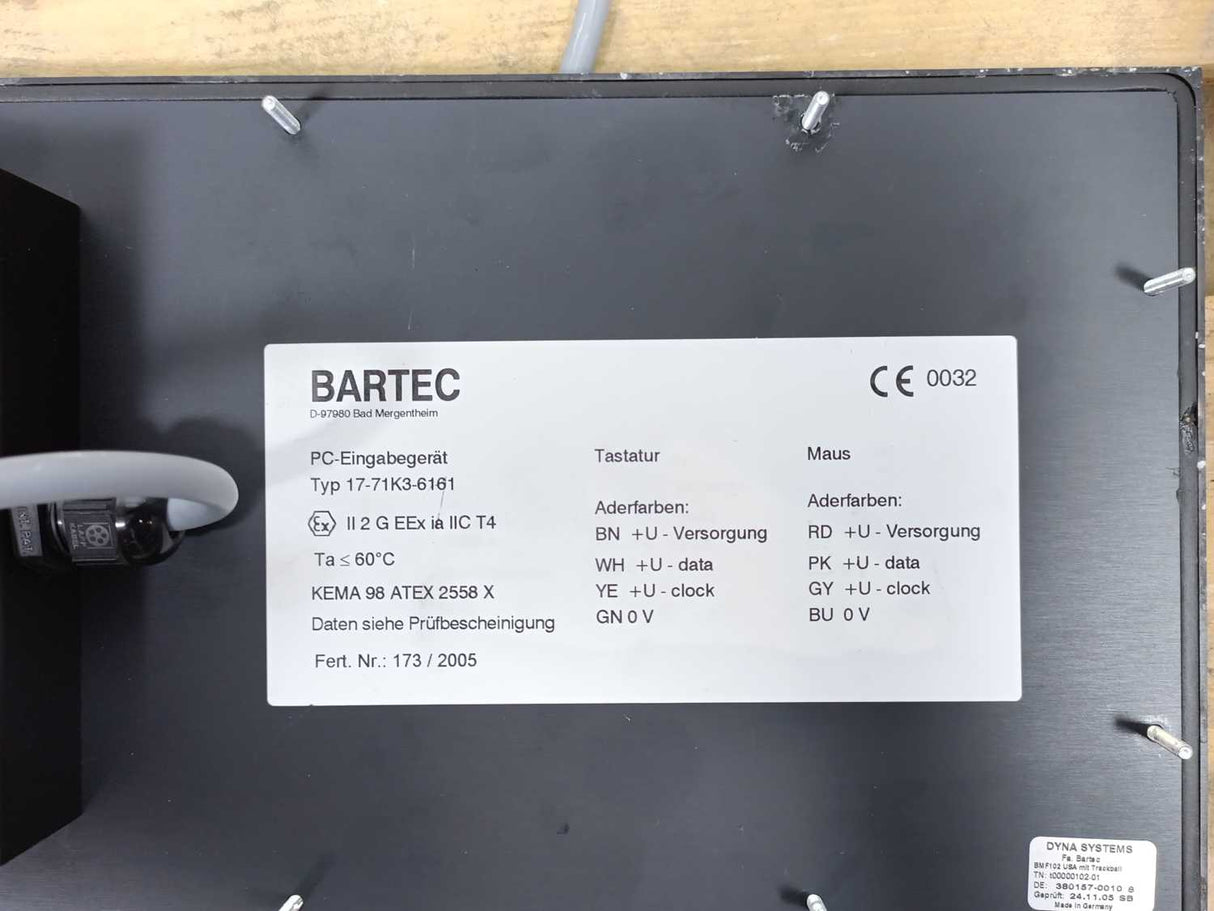 Bartec 17-71K1-3511 Ex-rated Industrial PC w/ BMF 102 Keyboard